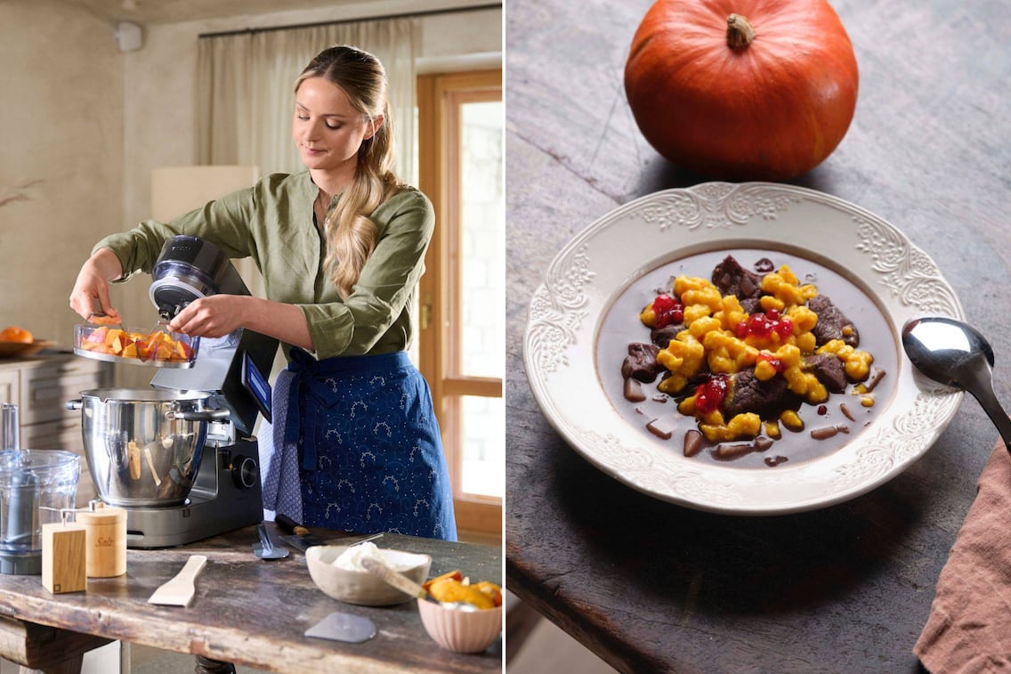 Zwei Bilder: Links - Paula dämpft die Kürbisse; Rechts - das fertige Gericht.