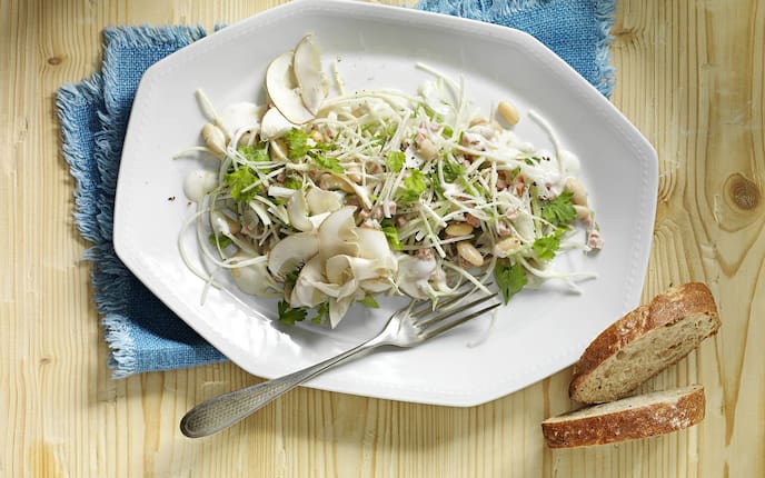 Petersilwurzel, Salat, weiße Bohnen Steinpilze, Brot, Salatrezept, Servus Rezept