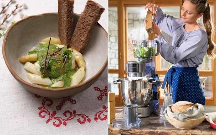 Paula Bründl bereitet zu ihrem pochierten Ei eine himmlische Kräutersauce in der neuen Kenwood Cooking Chef zu.