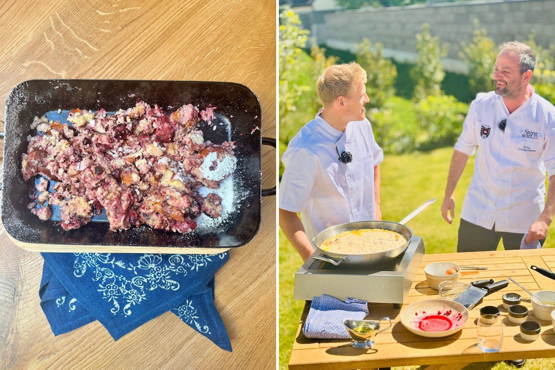Am linken Foto ist eine Pfanne mit einem Grießschmarren mit Waldbeeren zu sehen, am rechten Foto ist Koch Fritz Grampelhuber mit