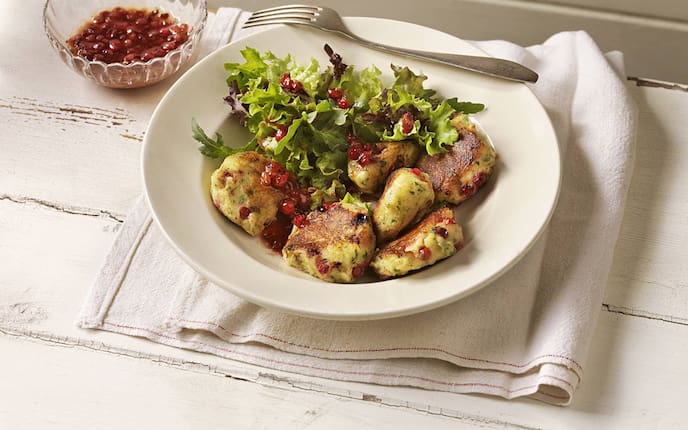 Preiselbeeren, Ribisel, Salat, Vorspeise, Rezept, Erdäpfelpuffer