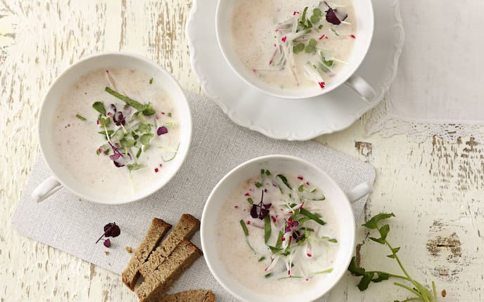 Radieschensuppe, Suppe, Brot, Kräuter, Rezept