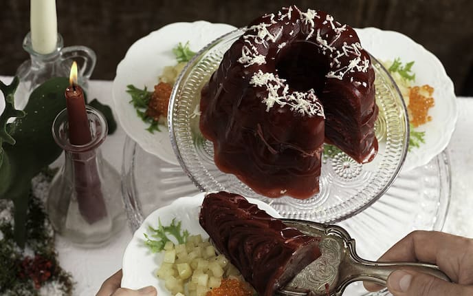 Rote-Rüben-Sulz, Birnen, Forellenkaviar, Vorspeise, Fisch, Servus Rezept