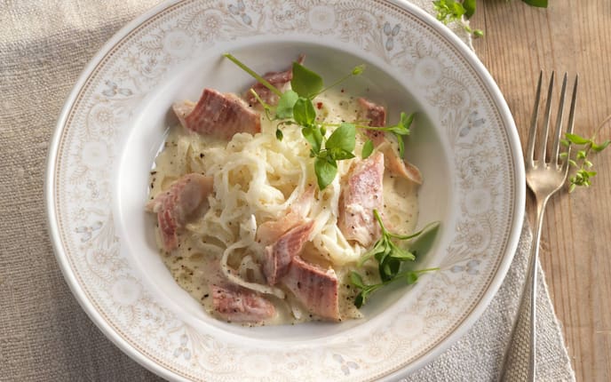 Weißes Rübenkraut, Räucherforelle, Rezept, Vogelmiere, Servus