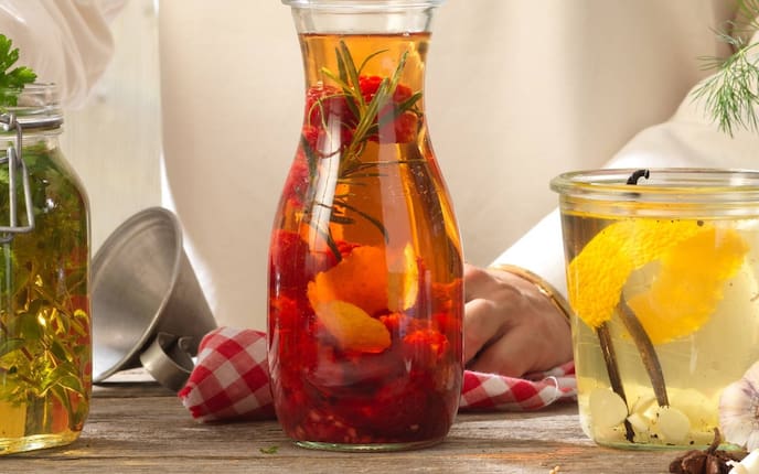 Essig, Himbeeressig, Himbeeren, Rosmarin, Holztisch, Geschirrtuch