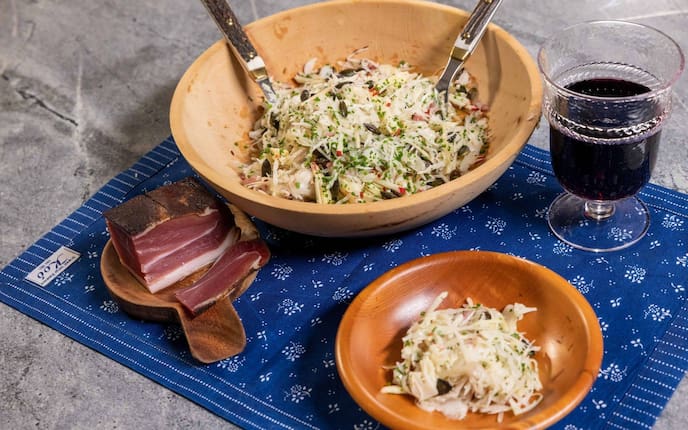 Salat, Kraut, Speck, Salatschüssel, Rotwein, Vorspeise