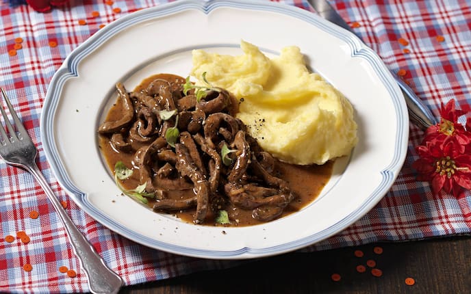 Saure Leber, Kartoffelpüree, Fleisch, Erdäpfel