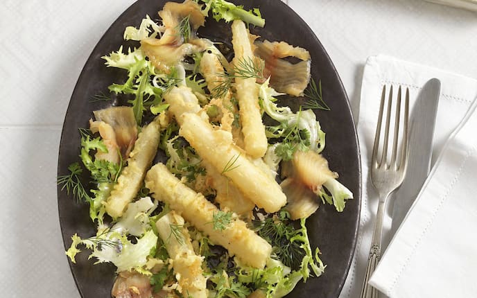 Schwarzwurzeln in Bierteig, Rezept, Saibling