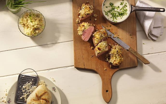 Schwein, Apfel, Kren, Semmel, Sauce, Rezept