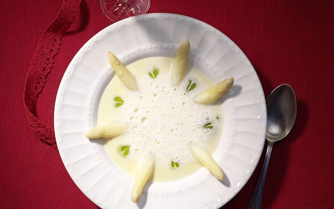 Spargelschaumsuppe, weißer Spargel, Rezept, Vorspeise