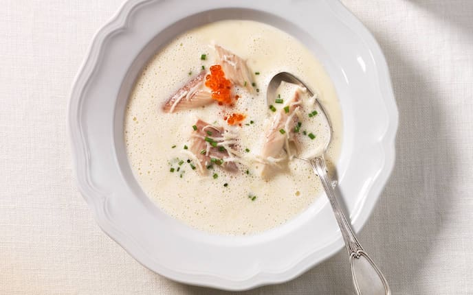 Fisch, Löffel, Kaviar, Suppe, Suppenteller, Schnittlauch