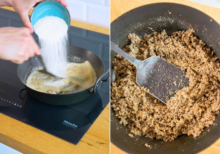 Zubereitung von Butterbröseln in der Eisenpfanne am Miele-Herd
