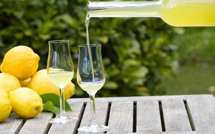 Zitronenlikör, Flasche, Gläser, Gartentisch, Strauch