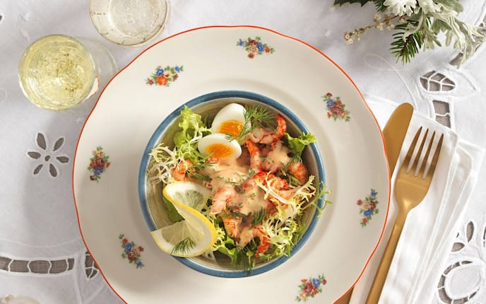 Ei, Flusskrebse, Zitronen, grüner Salat, Weißwein, Vorspeise, Servus Rezept