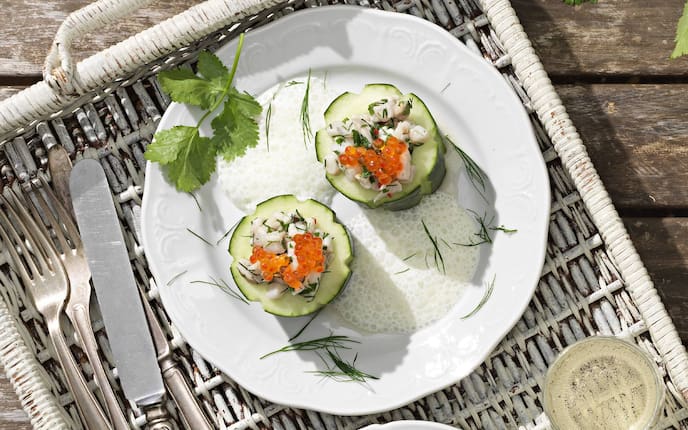 Messer, Gabel, Fischmesser, Gurke, Koriander, Dille, Forellentatar