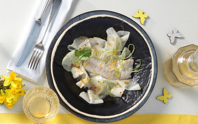 Kohlrabi, Salat, Fisch, Saibling, Besteck, Servus Rezept, Vorspeise