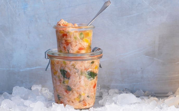 Lachsforellen-Verhackertes, Fisch, Gemüse, Rexglas, Vorspeise, Jause, Servus Rezept