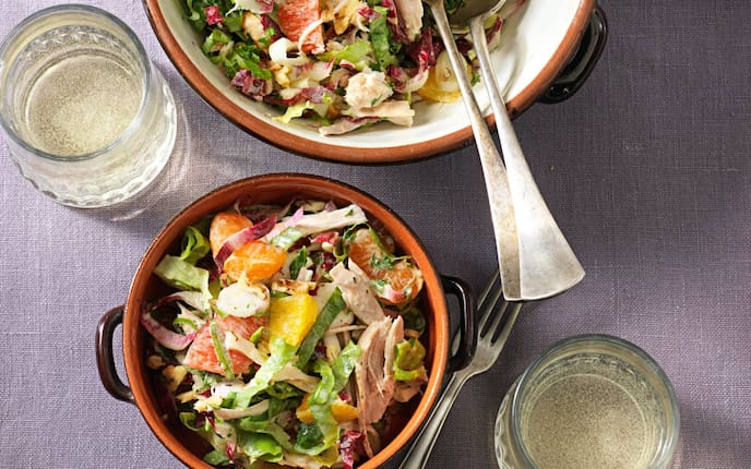 Truthahnsalat mit Zitrusfrüchten, Truthahn, Geflügel, Salat, Grapefruit, Orange, Blattsalat, Dressing, Vorspeise, Salat, Servus Rezept