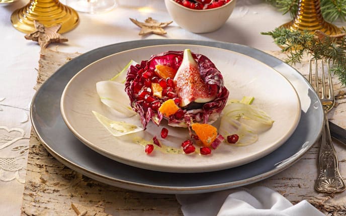Radicchio, Feigen, Mandarinen, Granatapfelkerne, Vorspeise, Salat, Weihnachtsessen, Festtagsessen, Servus Rezept