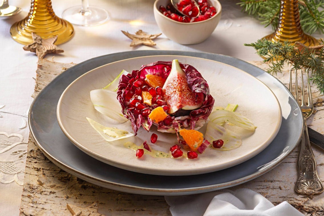Radicchio, Feigen, Mandarinen, Granatapfelkerne, Vorspeise, Salat, Weihnachtsessen, Festtagsessen, Servus Rezept