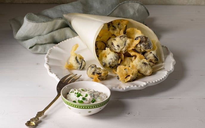 Schnecken, gebacken, Weinteig, Sauce tartare, Serviette, Vorspeise, Servus Rezept