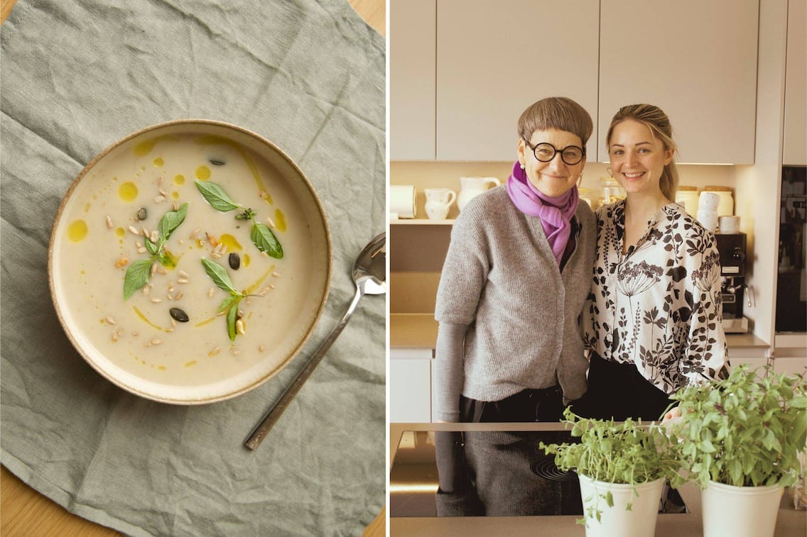 Paula Bründl und Susanne Bernegger-Flintsch von „nana! gesund bleiben" stehen in der Küche. Daneben ist eine Sellercremesuppe mit Topinambur abgeildet.