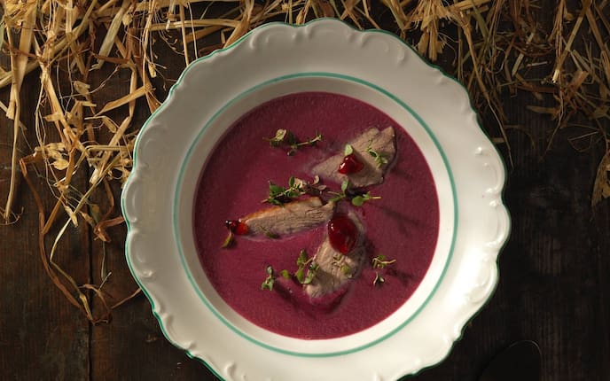 Rotkrautsuppe, gepökelte Ente, Rotkraut, Löffel, Teller