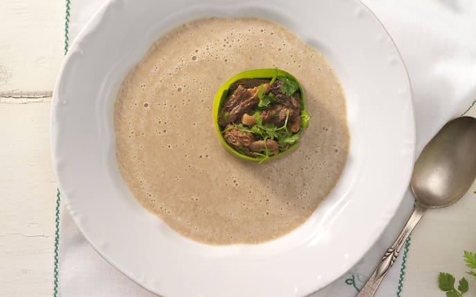 Lauch, Morcheln, Suppe, Rahm, Löffel, Suppenteller, Kerbel