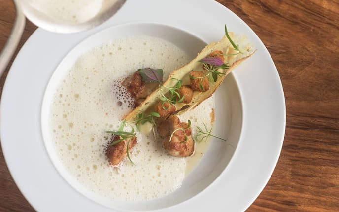 Kalbsschulterspitz, Rahmsuppe, Teller, Weißbrot