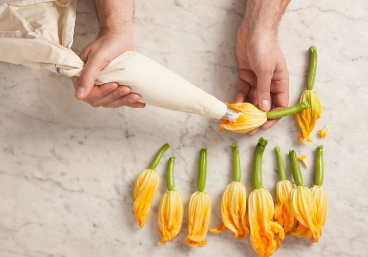 Gefüllte Zucchini, Spritzsack, Polenta-Ricottamasse