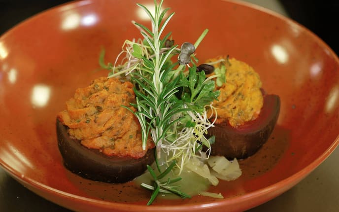 Rote Rübe, Rote Bete, Rosmarinzweig, Püree, Kartoffelpüree, Süsskartoffelpüree, Vorspeise, Rezept, Wasnerin