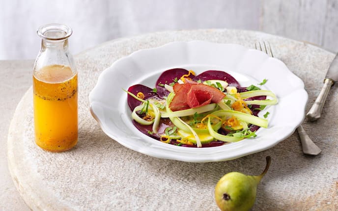 Marinade, Flasche, Rote Rübe, Schinken, Birne, Vorspeise, Servus Rezept