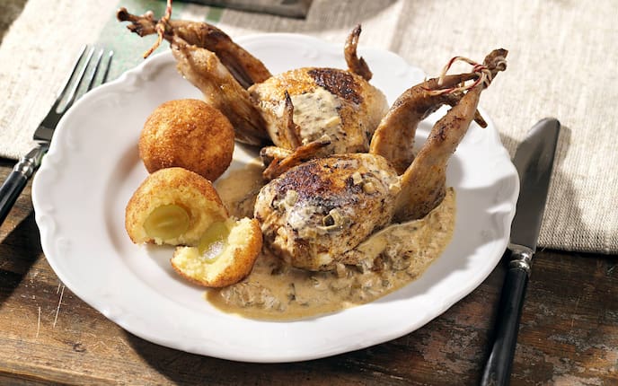 Wachteln, Knödel, Weintrauben, Rezept