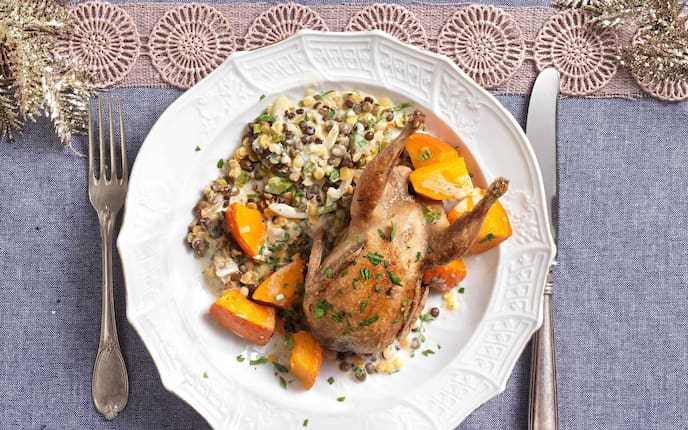 Wachteln, Kürbis, Linsen, Gemüse, Geflügel, Hauptspeise, Servus Rezept