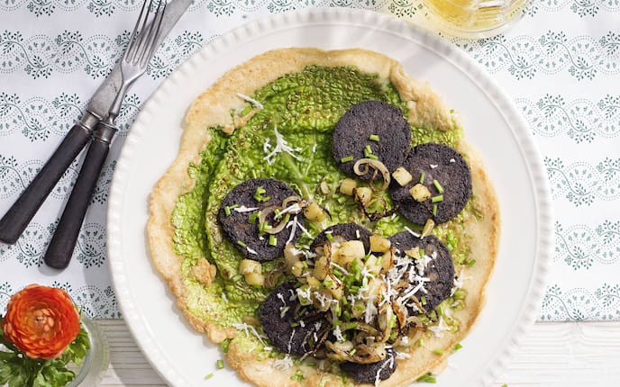 Wirsingpalatschinke, Palatschinken, Blunzen, Blutwurst, Rezept