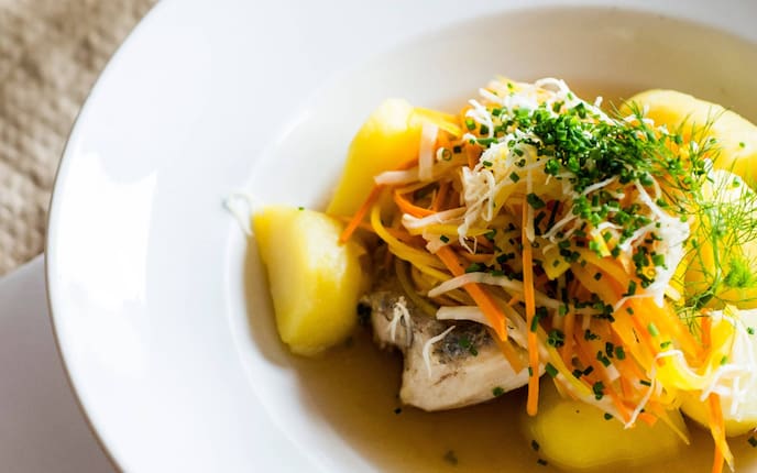 Wurzelhecht in Verjus, Hecht mit Gemüse, Fisch-Rezept, Fisch mit Gemüse, Hecht-Rezept, Servus-Rezept
