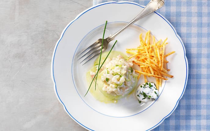 Tatar, Zander, Fisch, Kohlrabi, Erdäpfelstreifen, Rezept