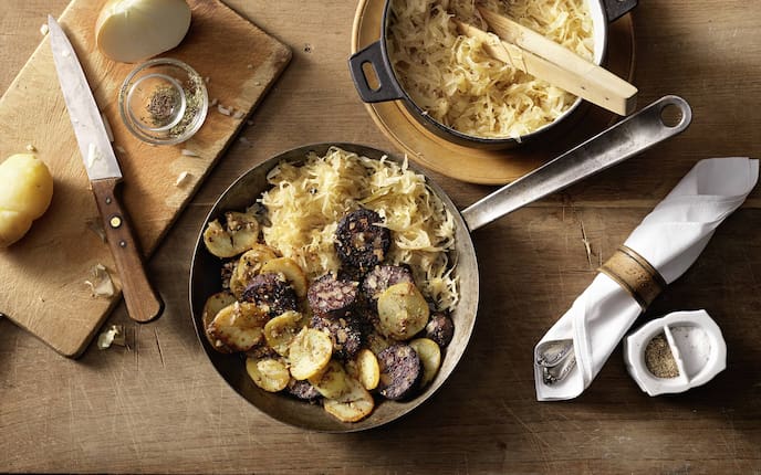 Blunzngröstel, Sauerkraut, Blutwurst, Rezept
