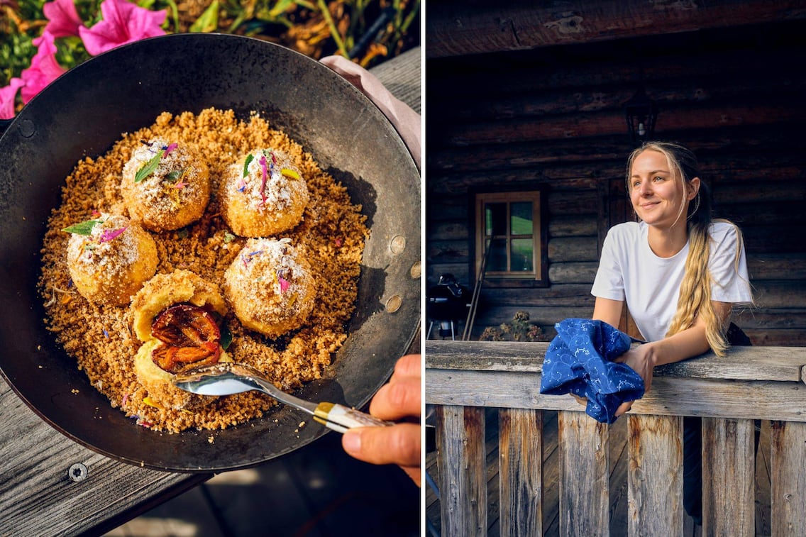 Rechts eine Pfanne mit Topfen-Zwetschkenknödel mit Nussbutter, rechts Köchin Paula Bründl auf einem Balkon.