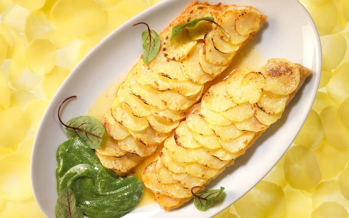 Kartoffelscheiben, Erdäpfelscheiben, Kartoffeln, Erdäpfel, Cremespinat, Spinat, Blätter, Zander, Fisch