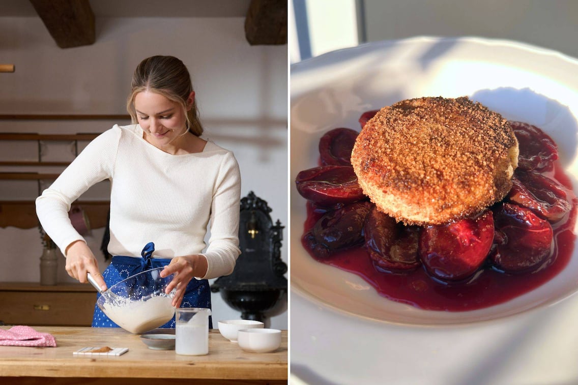 Paula Bründl rührt einen Teig und daneben sieht man die fertigen Loabal