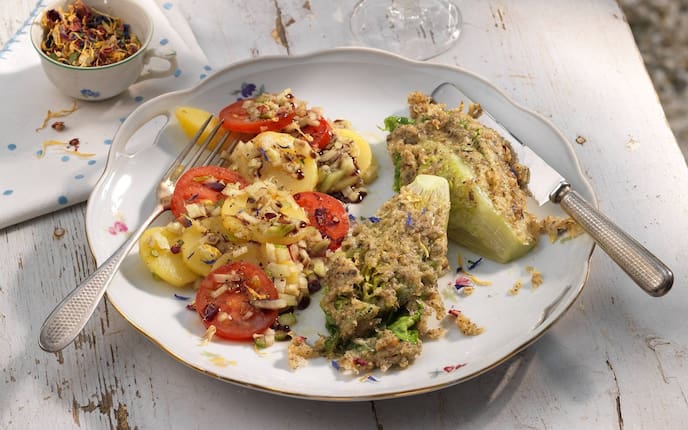 Salat, Kürbiskerne, Kruste, Besteck, Wein, Blüten, Sauvignon Blanc, Paradeiser, Salatherzen, Erdäpfel